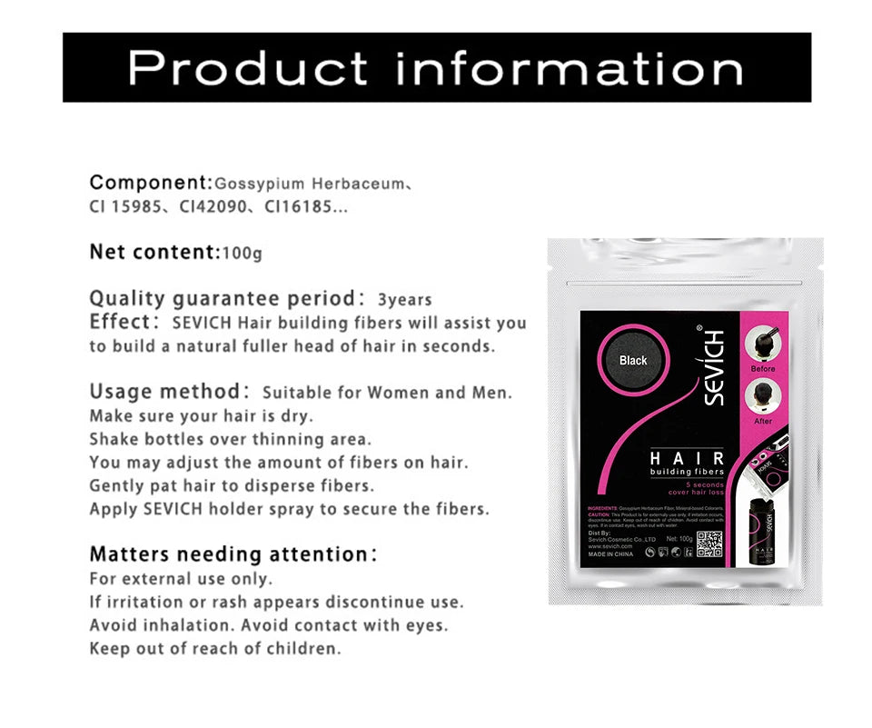 Sevich 100g Hair Fibers Refill Bag Bald Extension Hair Growth Powder Salon Professional Hair Treatment Unisex Hair Loss Products